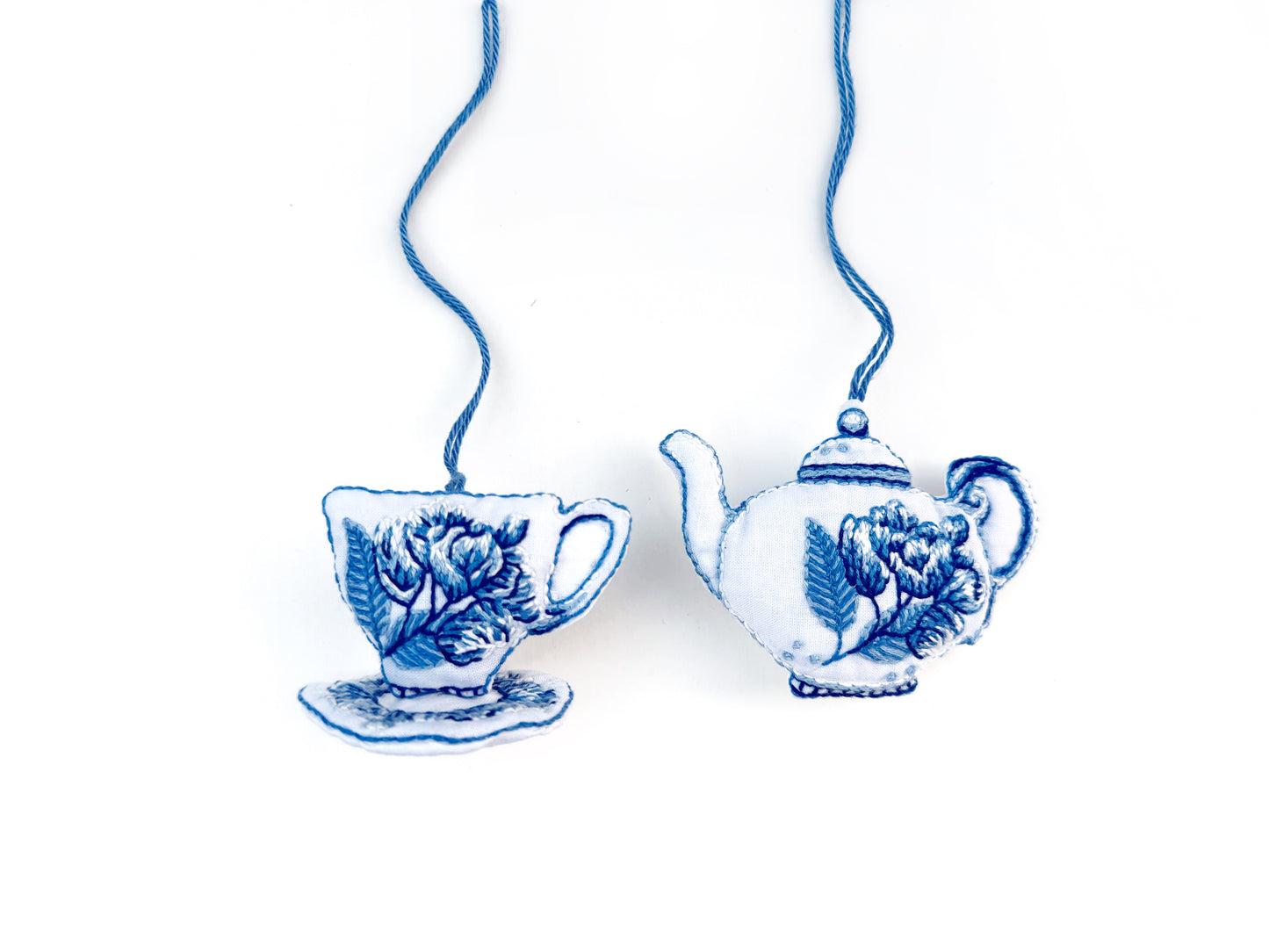 Delft blue tea set ornament embroidery kit