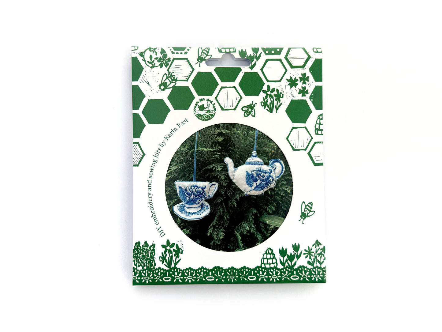 Delft blue tea set ornament embroidery kit