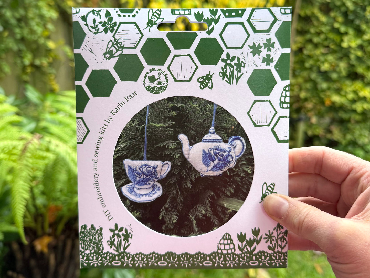 Delft blue tea pot ornament embroidery kit