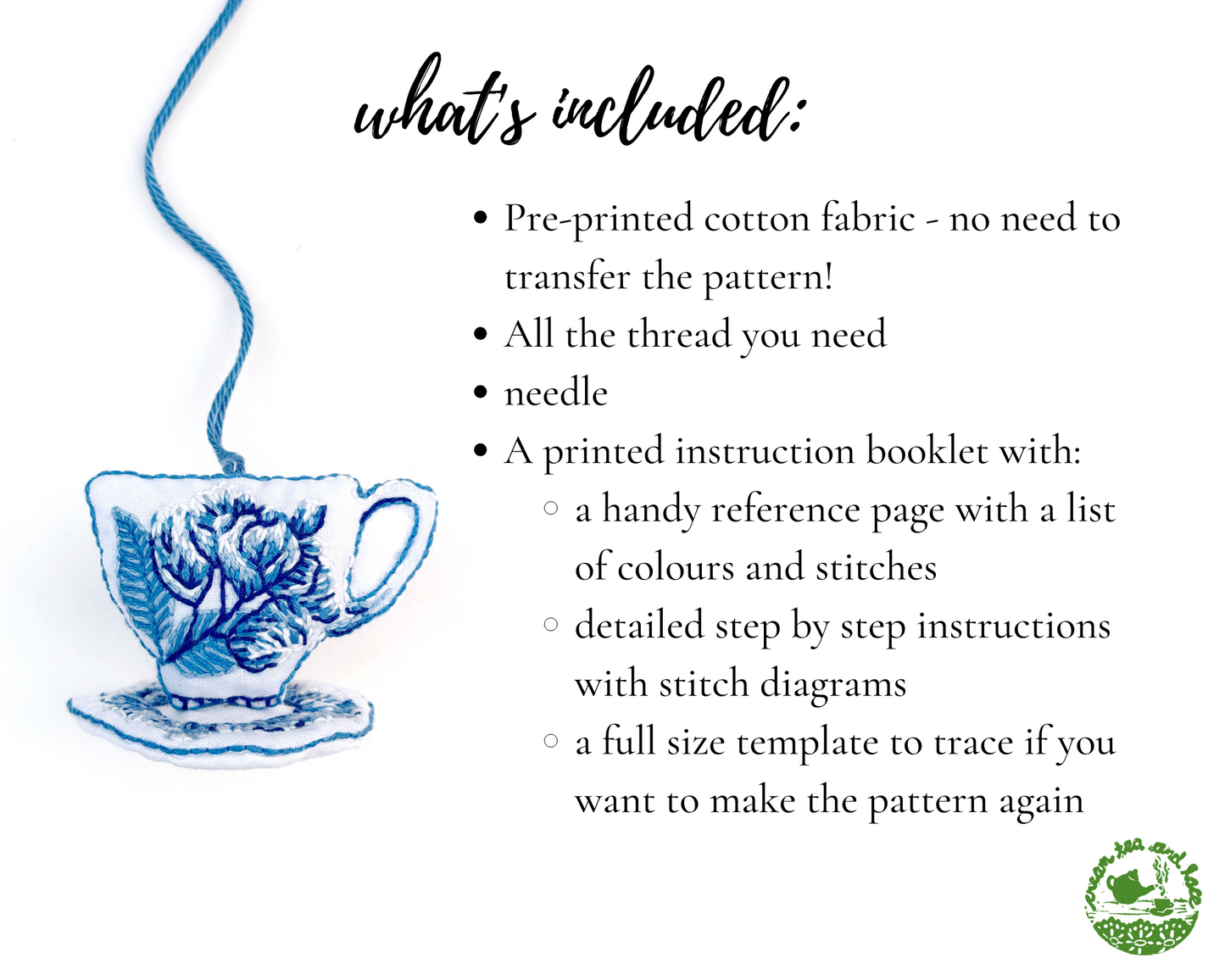 Delft blue tea set ornament embroidery kit