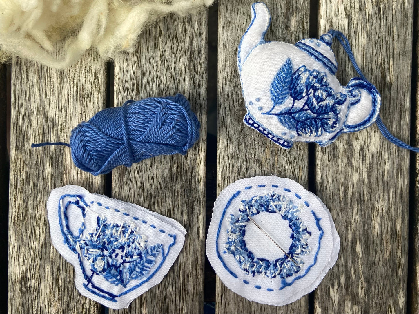 Delft blue tea pot ornament embroidery kit