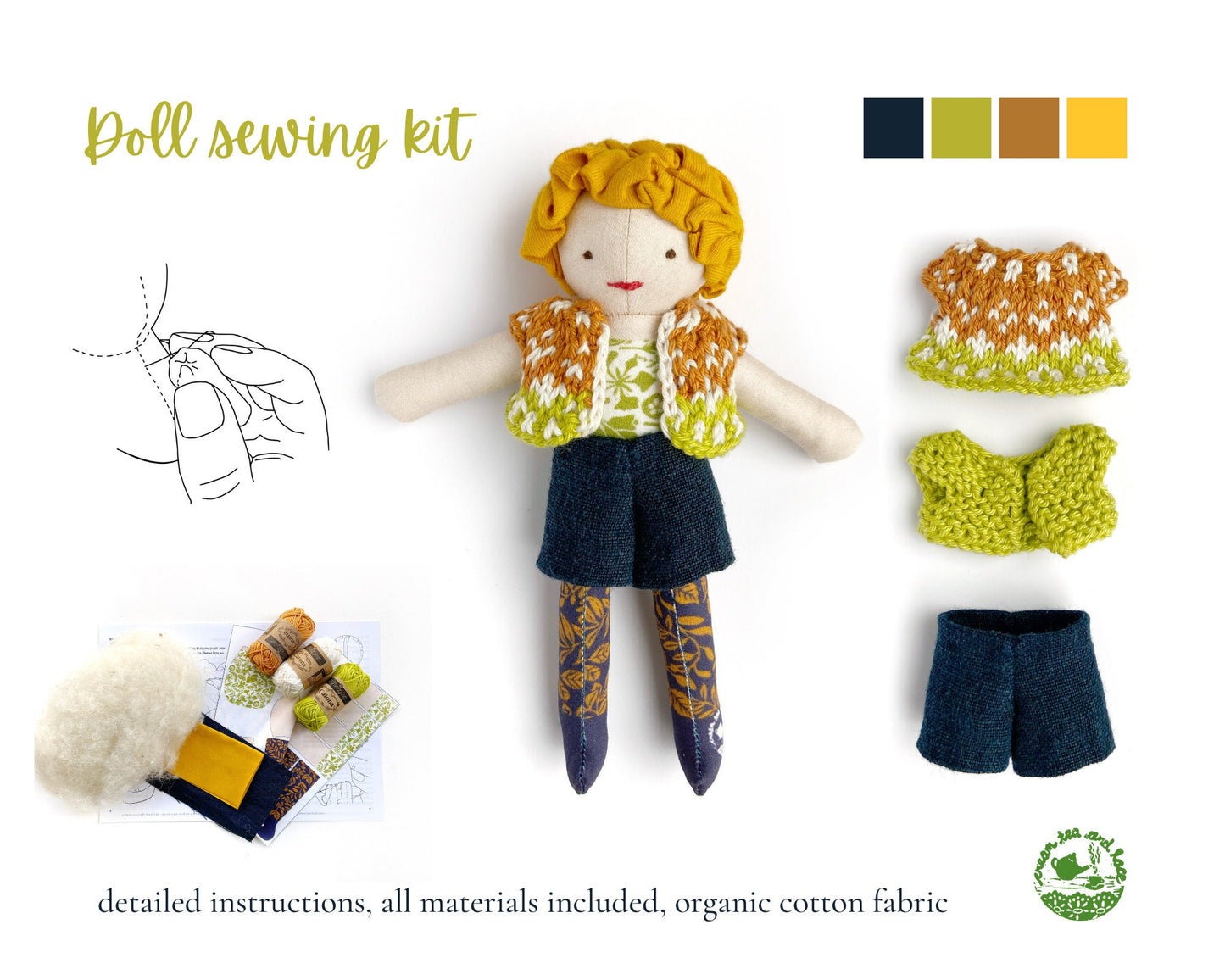 Fabric doll sewing kit, yellow hair and fair skin