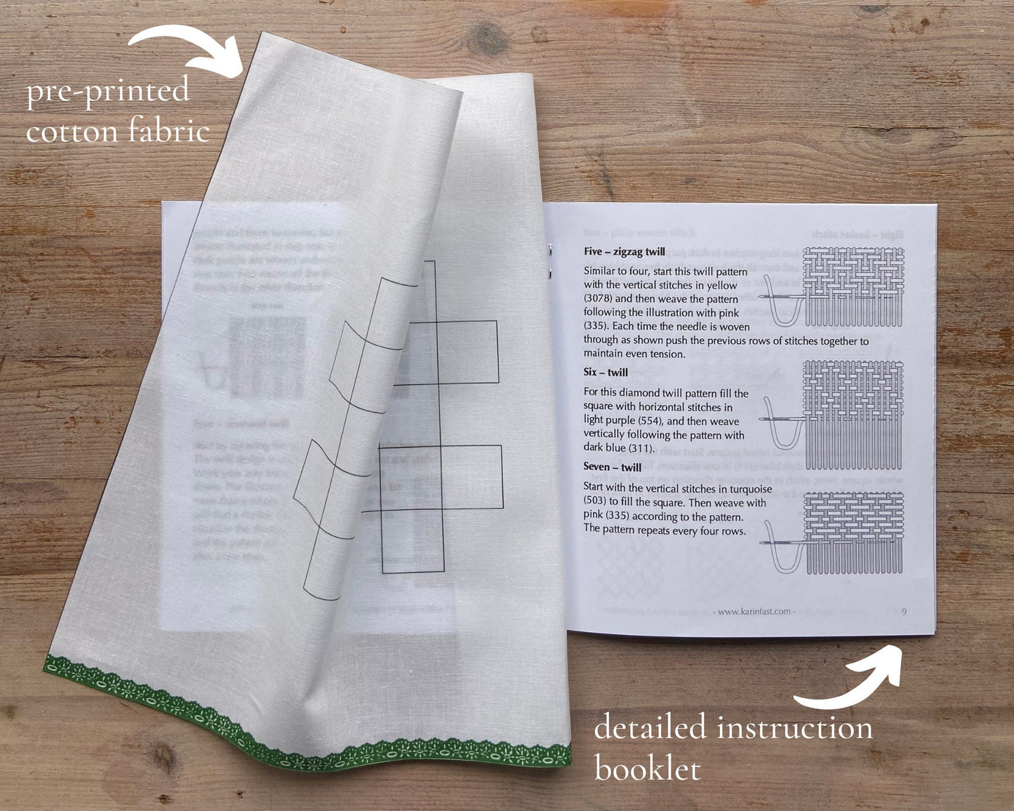 Woven sampler pre-printed fabric pack and instructions