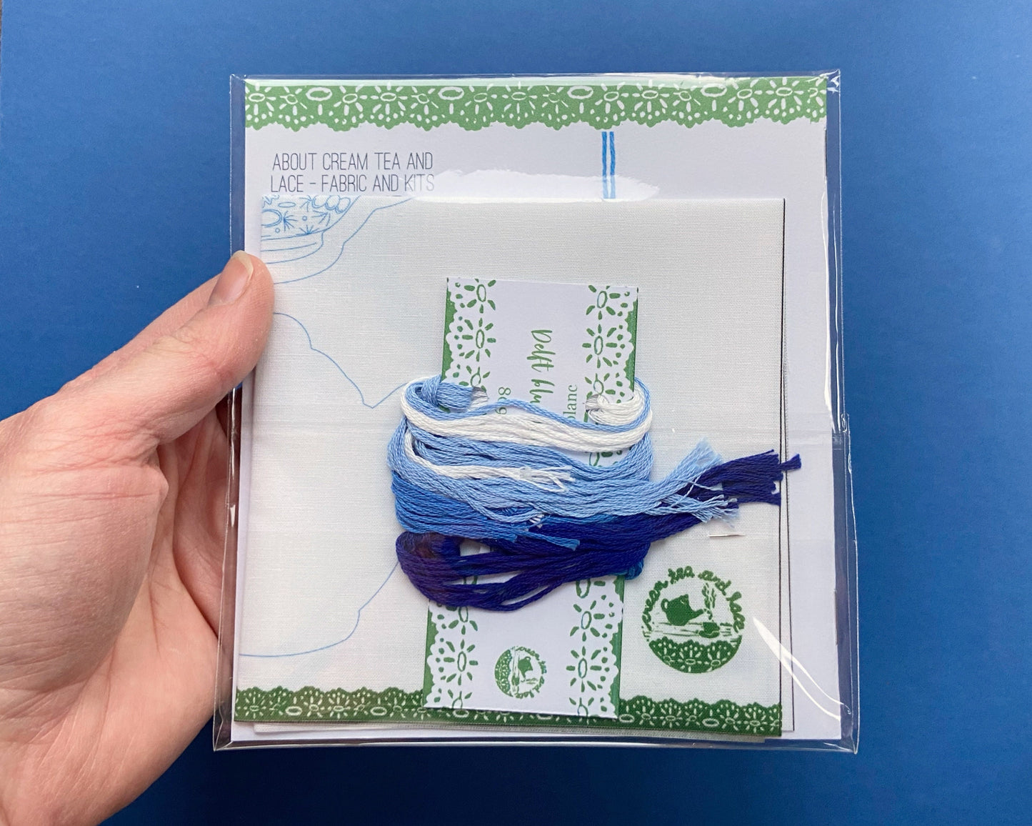 Delft blue tea pot ornament embroidery kit