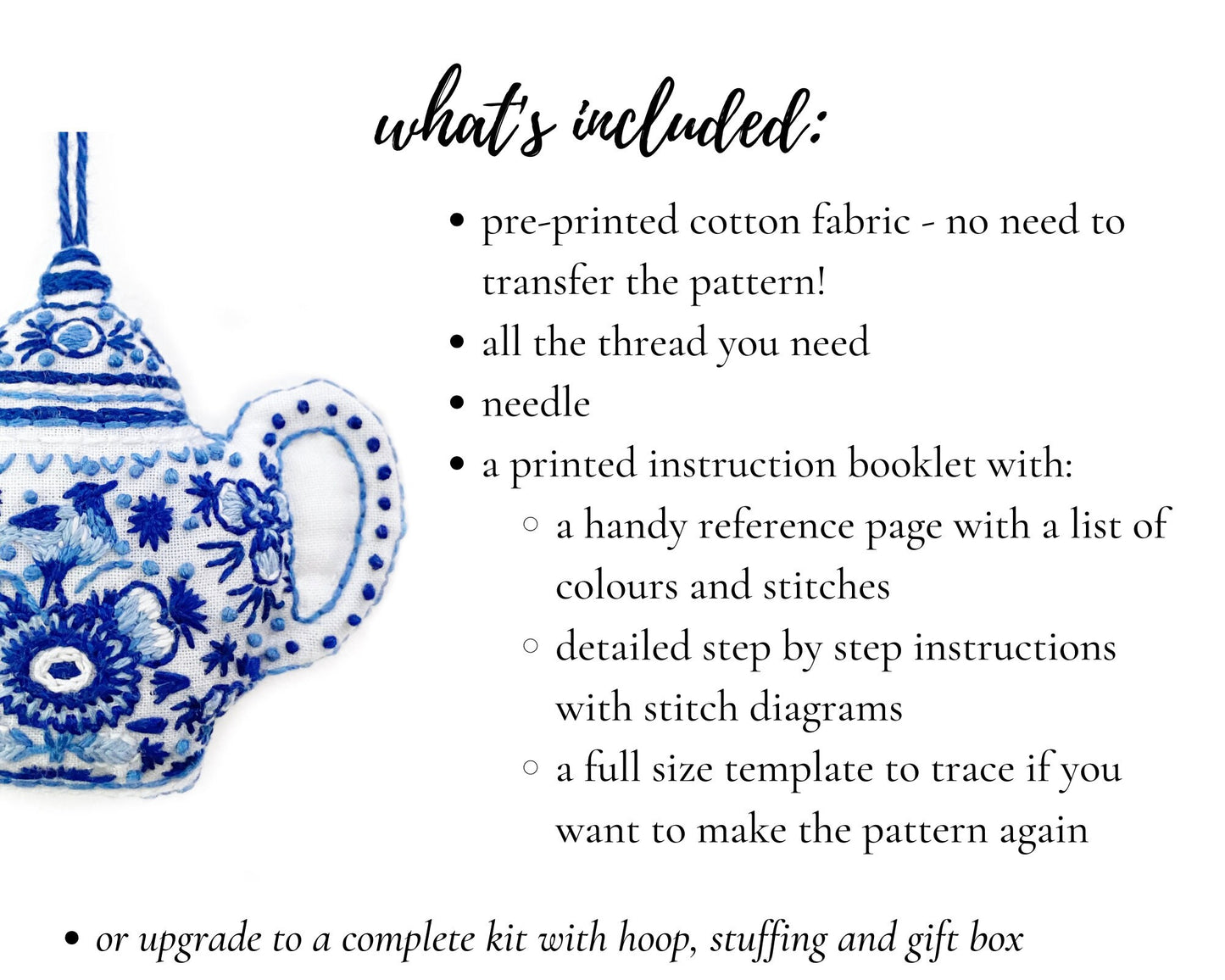 Delft blue tea pot ornament embroidery kit